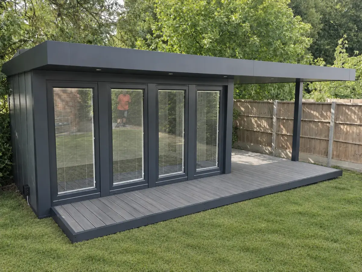 QCB garden retreat with full flyover roof and front decking